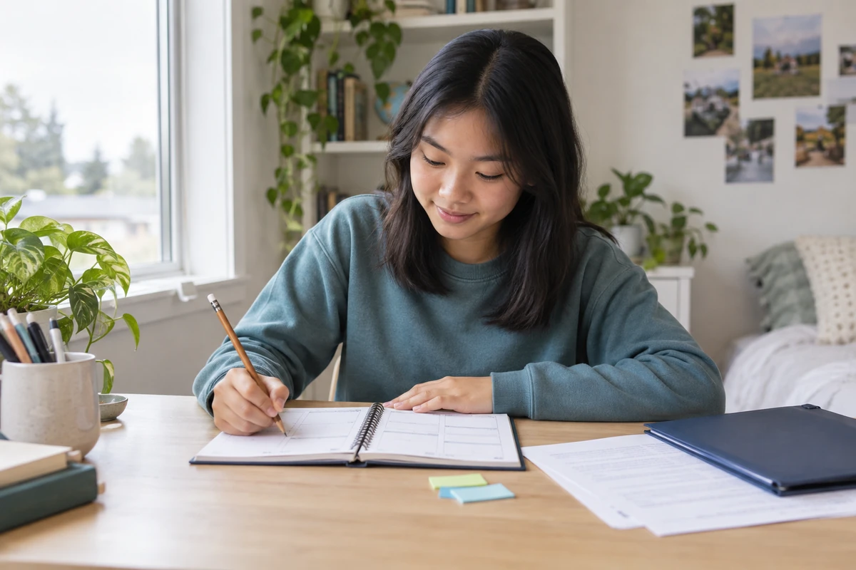 Student organizing homework in a planner