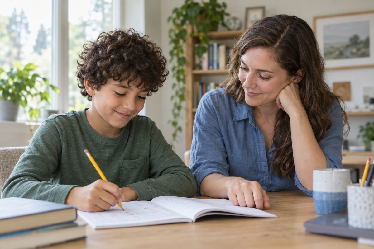 Child working on homework with a tutor